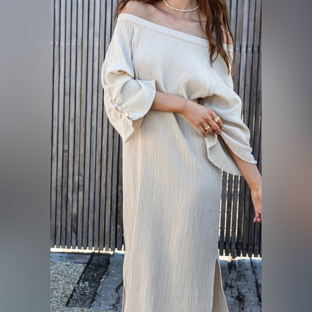 ⭐️NEW⭐️ Maurie and Eve Sail Aside Maxi Long Dress Taupe Beige Dress Off Shoulder